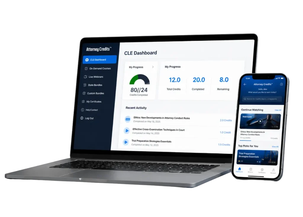 Attorney Credits online CLE platform displayed on a laptop and mobile phone