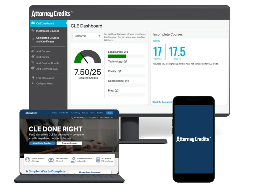 Attorney Credits course dashboard on a laptop and phone