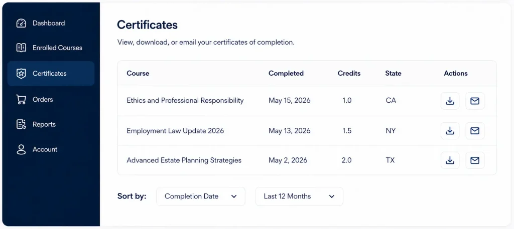 Certificates page in the Attorney Credits account dashboard