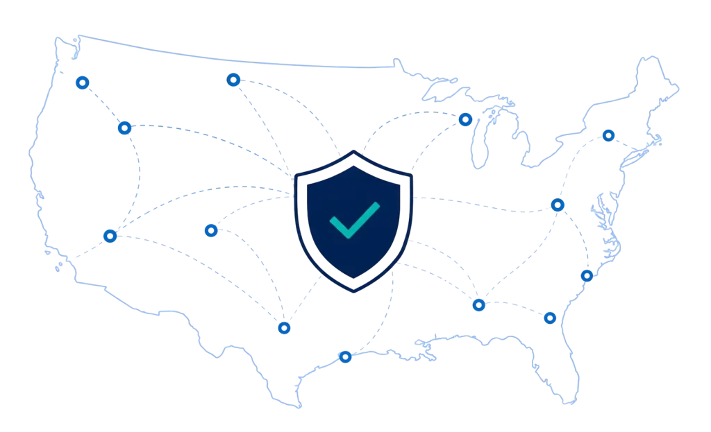 Map of the United States with a verified shield, representing nationwide CLE accreditation