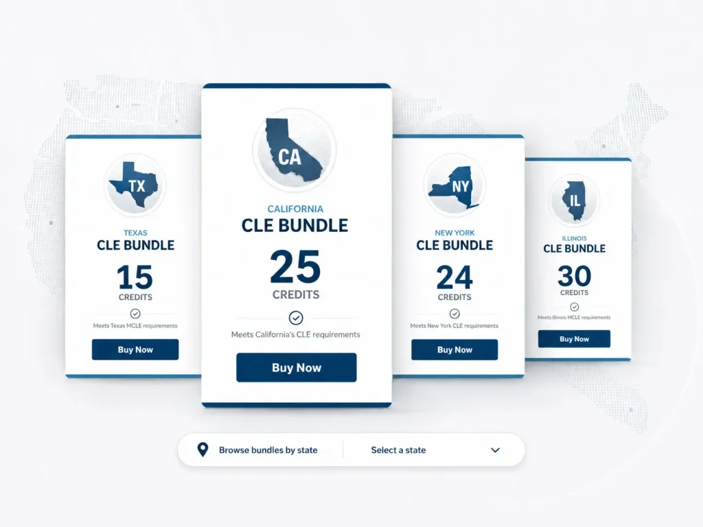 State CLE bundle cards for Texas, California, New York and Illinois