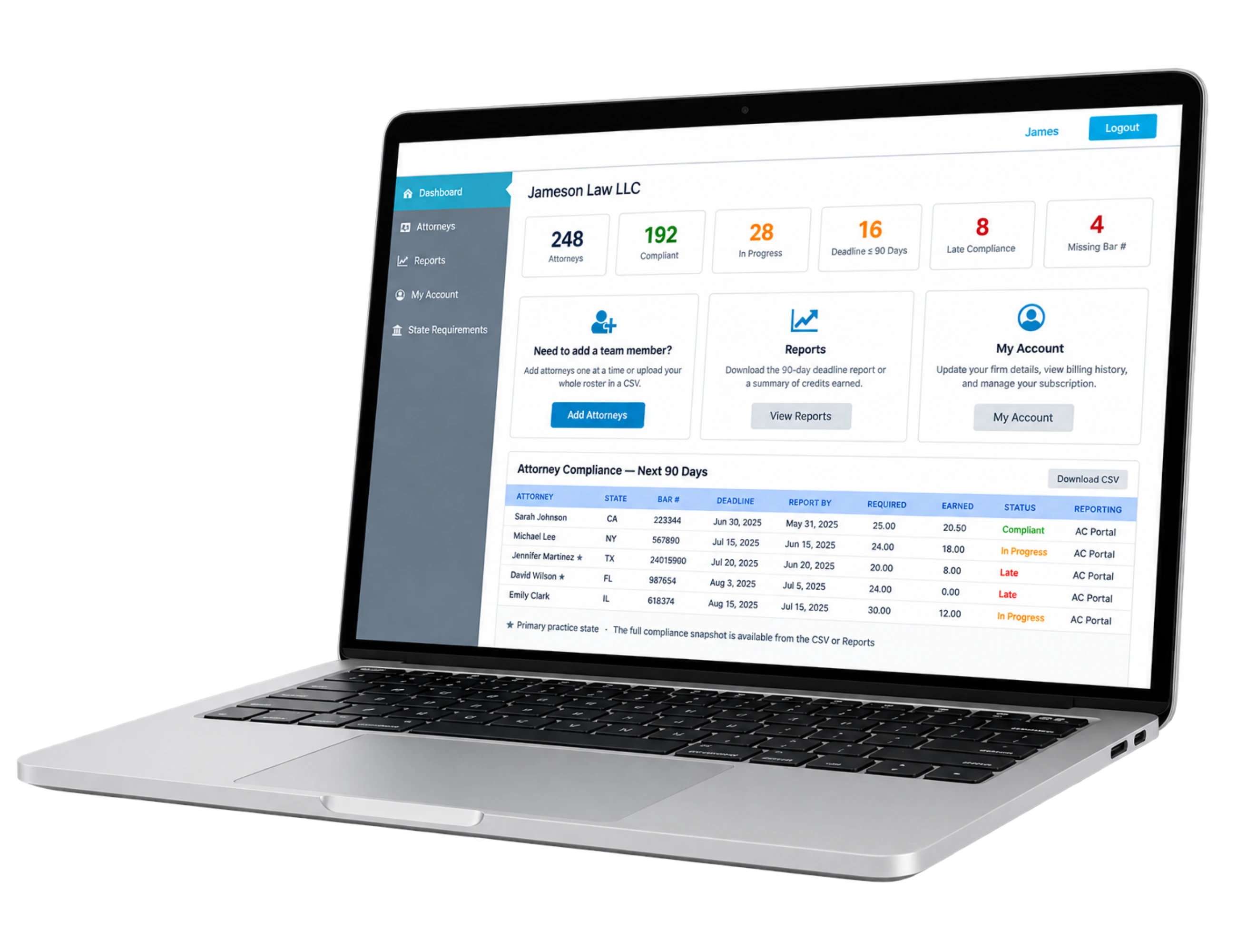 Attorney Credits Teams dashboard on a laptop
