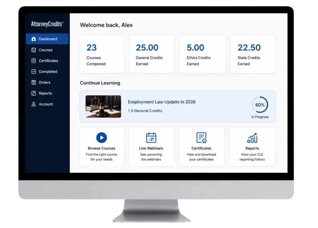 Attorney Credits dashboard on a desktop monitor