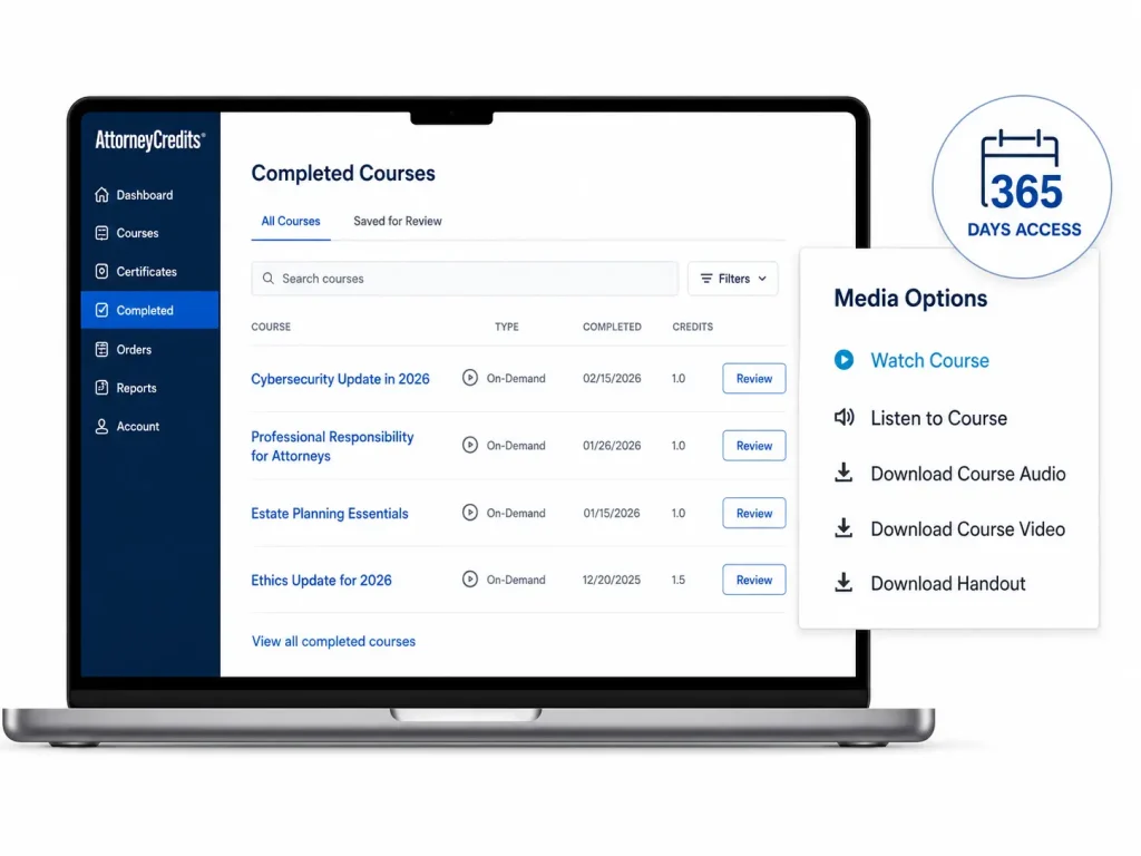 Completed courses screen with media options and 365 days access badge