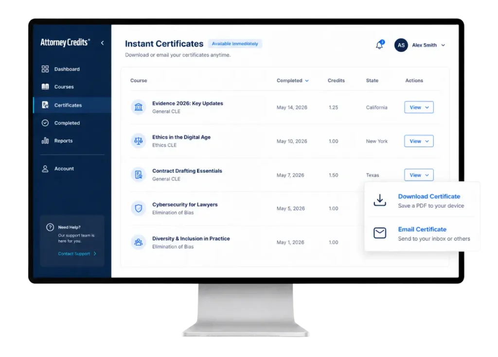 Instant certificates screen in the Attorney Credits account
